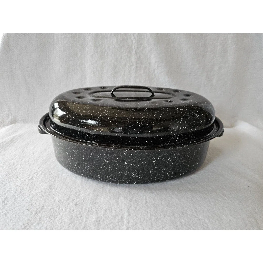 Black Speckled Enamel Roasting Pan With Lid Oval Graniteware 15 Inch